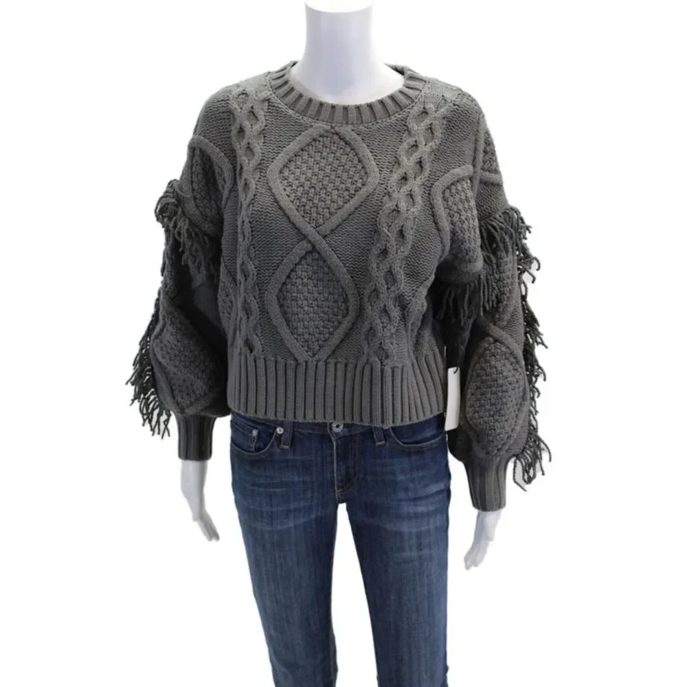 Line And Dot Womens Chunky Crochet Knit Fringe Sweater Gray Cotton Size XS